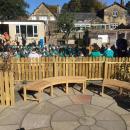 Wooden seating in the Peace Garden.